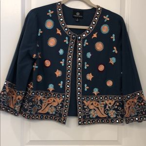 Curations cropped, embroidered teal jacket.